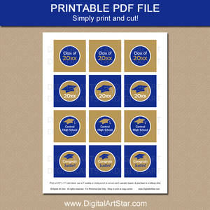 Blue and Gold Graduation Decorations Cupcake Toppers Printable