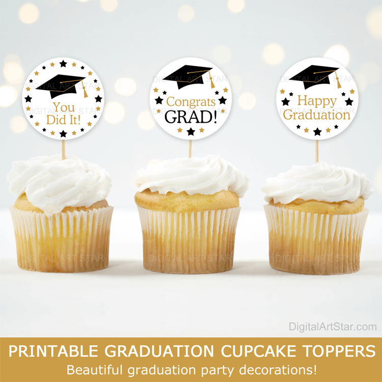 Printable Graduation Cupcake Toppers White Black Gold Stars