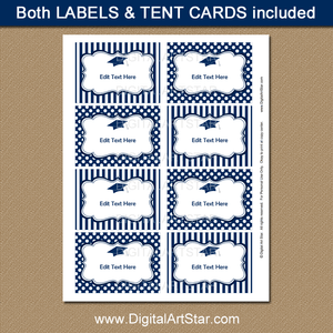 Printable Graduation Food Labels Template in Navy Blue and White with Dots and Stripes