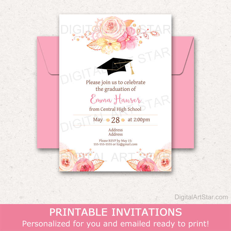 Printable Graduation Invitations for Girl with Pink Flowers and Lace
