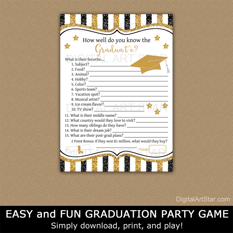 Printable Graduation Party Game Black and Gold Glitter
