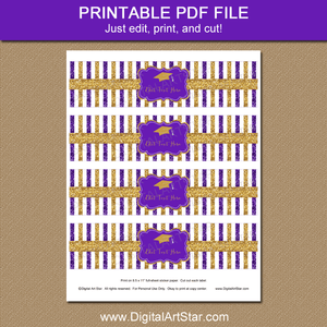 Printable Graduation Water Bottle Labels Purple and Gold Glitter