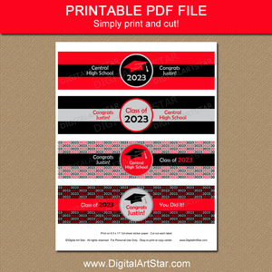 Printable Graduation Water Bottle Labels Red Black and Silver