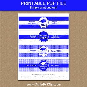 Printable Graduation Water Bottle Labels Template Blue White Class of 2023