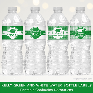 Green and White Graduation Printable Water Bottle Labels Decorations 2023