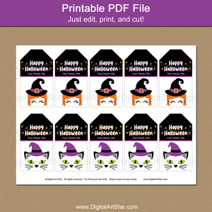 Printable Halloween Bag Tags with Cat and Witch