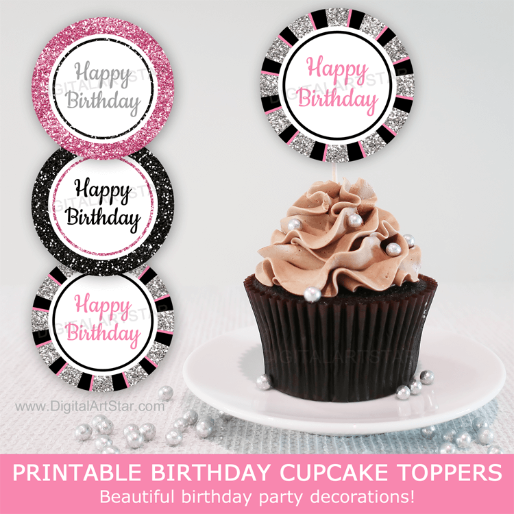 Printable Happy Birthday Cupcake Toppers Birthday Decorations for Girls Pink Black Silver Glitter