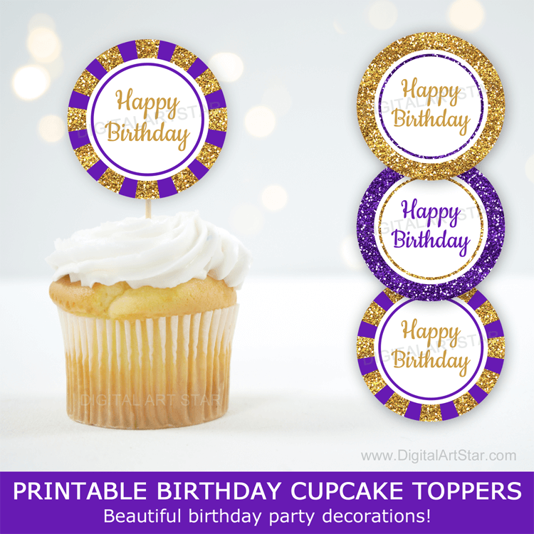 Printable Happy Birthday Cupcake Toppers Birthday Party Decorations Purple Gold White