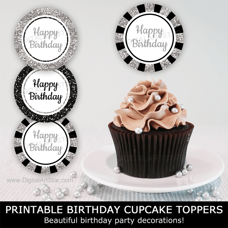 Printable Happy Birthday Cupcake Toppers Black and Silver Birthday Party Decorations