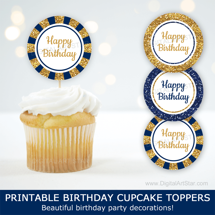 Printable Happy Birthday Cupcake Toppers Navy Blue and Gold Party Decorations