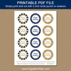 Printable Happy Birthday Stickers Labels Navy Blue Gold White