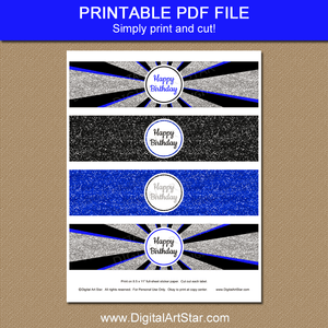 Printable Happy Birthday Water Bottle Labels Decorations Blue Black Silver