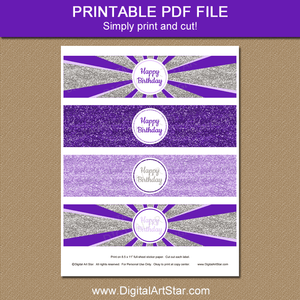 Printable Happy Birthday Water Bottle Labels for Women Purple Lavender Silver