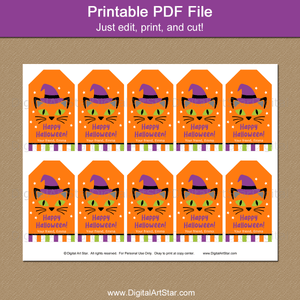 Printable Happy Halloween Tags Cat Witch Face