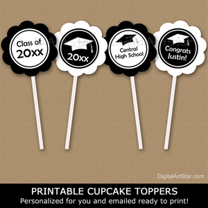 Printable High School Graduation Cupcake Toppers Black and White