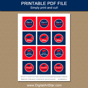 Printable High School Graduation Cupcake Toppers Navy Blue Red