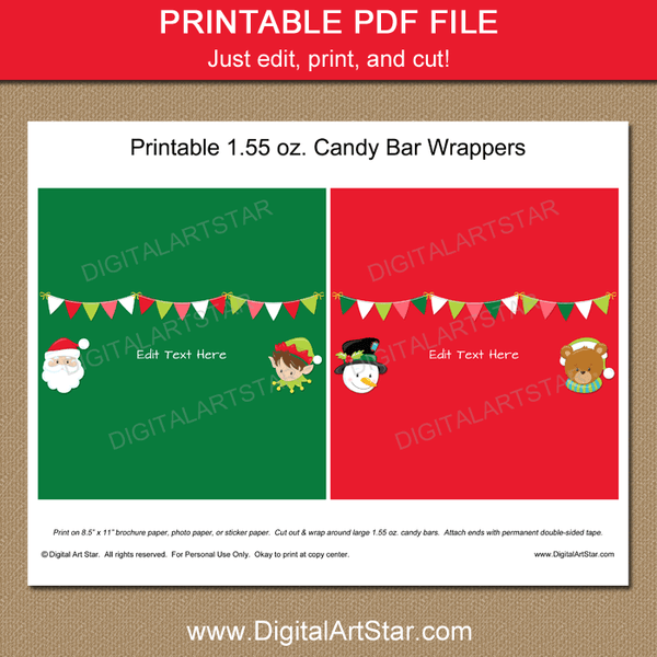 Red and Green Printable Holiday Candy Bar Wrapper Template - Digital ...