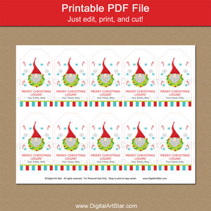Printable Holiday Gnome Favor Tags Gnome in Wreath