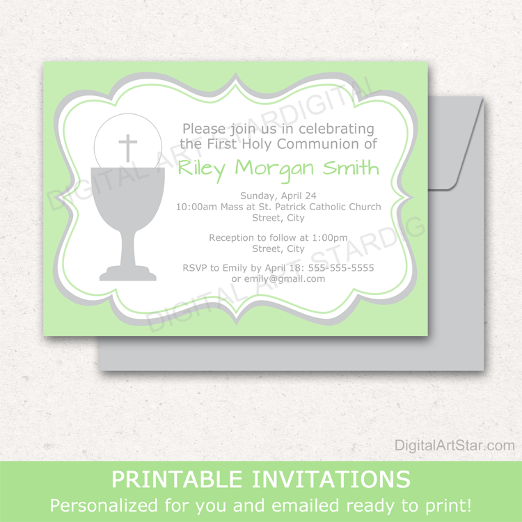 Printable Invitations Boy First Holy Communion in Green White Silver