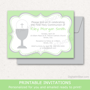 Printable Invitations Boy First Holy Communion in Green White Silver