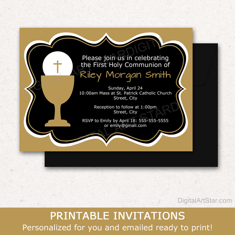 Printable Invitations First Holy Communion Black and Gold