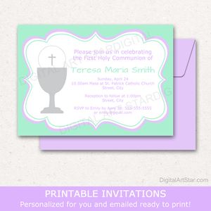 Printable Invitations for Girl First Communion in Mint Green Lavender and White