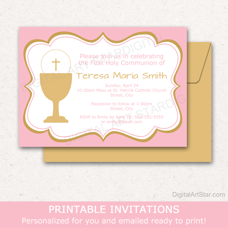 Printable Invitations Girl First Communion Party Invitation Template Pink Gold White