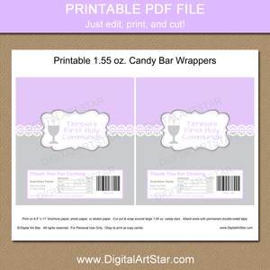 Printable Lavender First Communion Chocolate Bar Wrappers