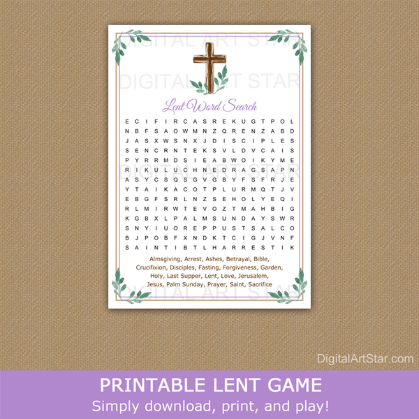 Printable Lent Word Search - Cross with Greenery | Digital Art Star