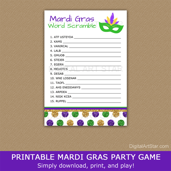 Printable Mardi Gras Word Scramble Game with Answers - Digital Art Star