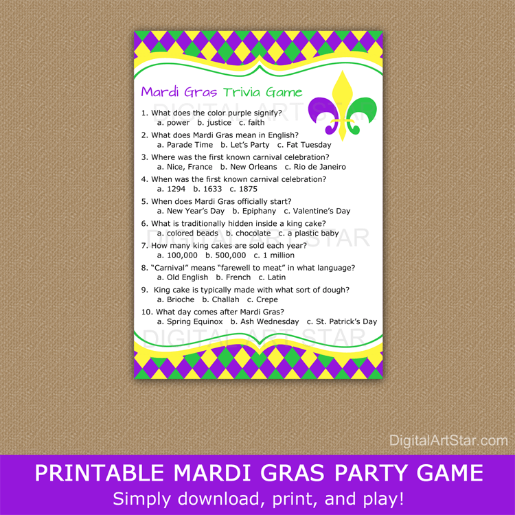 Printable Mardi Gras Trivia Game with Fleur de Lis