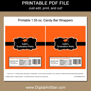 Printable Orange and Black Graduation Candy Bar Wrapper Template