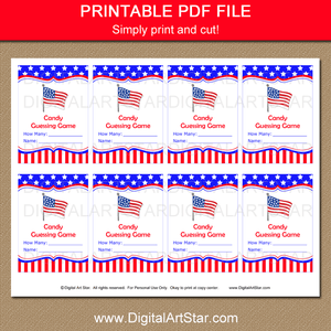 Printable patriotic candy guessing game template red white blue american flag