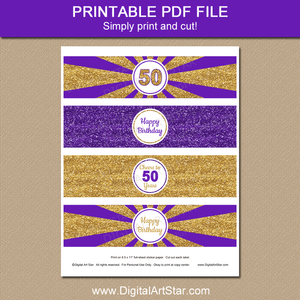 Printable PDF File of Purple and Gold Glitter 50th Birthday Water Bottle Labels