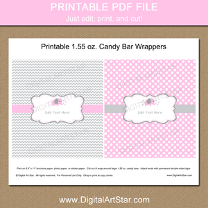 Printable Pink Gray Elephant Candy Bar Wrapper Template