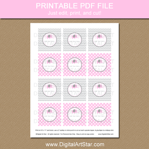 Printable Pink and Gray Elephant Cupcake Toppers Template