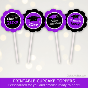 Printable Purple and Black Graduation Cupcake Toppers Decor