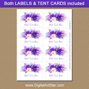 Printable Purple Floral Food Labels Stickers for Wedding Baby Shower Birthday Party