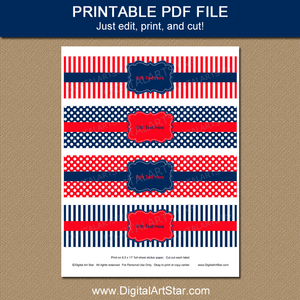 Printable Red and Navy Blue Water Bottle Label Decorations