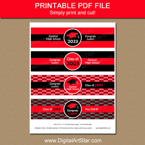 Printable Red and Black Graduation Water Bottle Labels Class of 2023