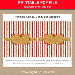 Printable Red and Gold Glitter Chocolate Bar Wrapper Template