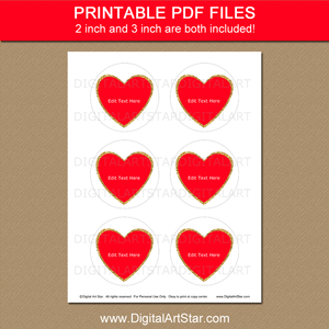 Printable Red and Gold Heart Favor Stickers Template