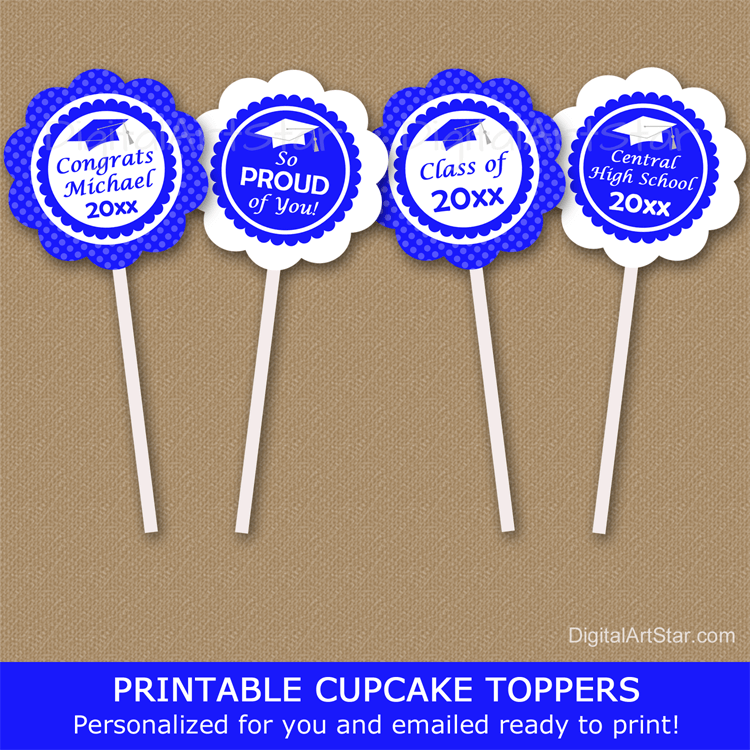 Printable Royal Blue and White Cupcake Toppers for High School Graduation Party Decorations