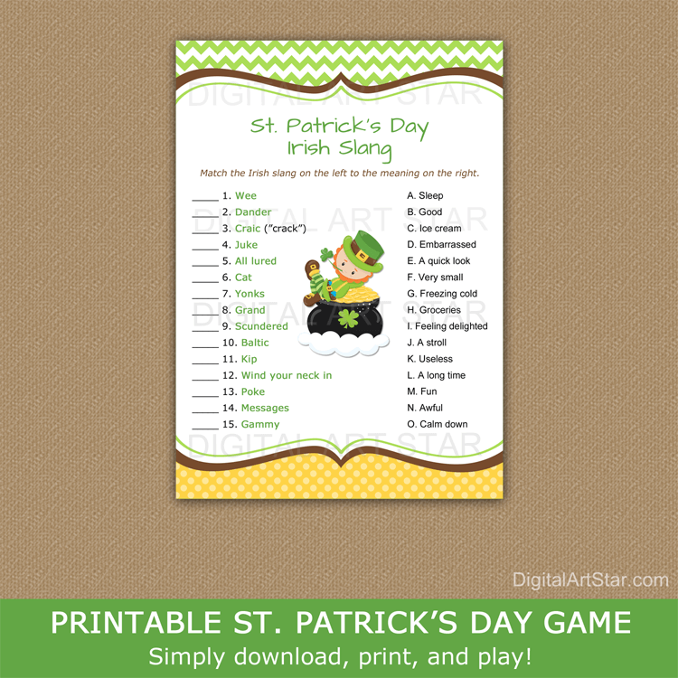 Printable St. Patrick's Day Game for Adults Irish Slang Trivia