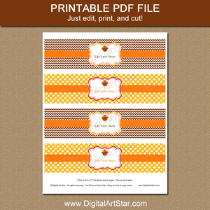 Printable Thanksgiving Water Bottle Labels in Brown and Yellow
