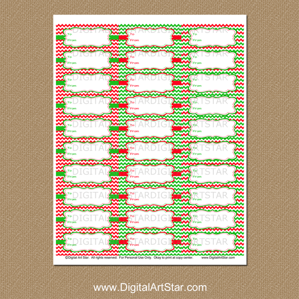 To and From Christmas Labels Printable Red and Green Chevron - Digital ...