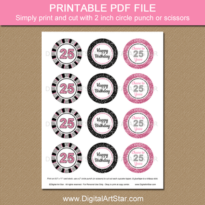 printable two inch round 25th birthday cupcake toppers pink silver black