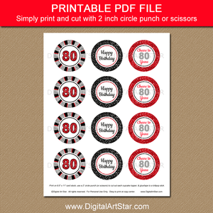 Printable Two Inch Round 80th Birthday Cupcake Toppers Download in Red Black and Silver Glitter