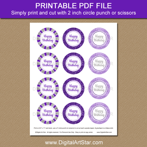 Printable Two Inch Round Happy Birthday Stickers Purple Silver