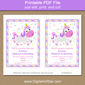 Printable Unicorn Party Invitation Download for 1st Birthday Party